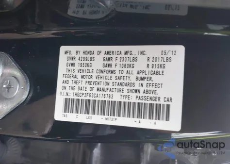 2012 Honda Accord 2.4 Se z USA, uszkodzony, nr VIN 1HGCP2F63CA176783